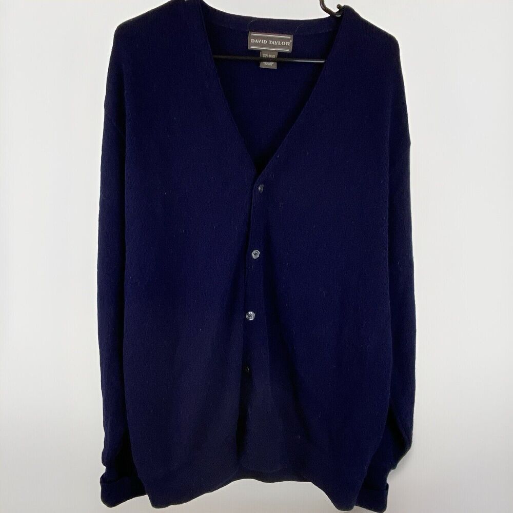 Vintage David Taylor Grandpa Cardigan Sweater Men XL Navy Blue V Neck Button Up